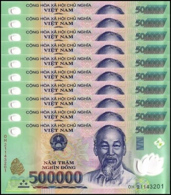 10 x Billete Vietnam 500.000 Dong, UNC, polímero certificado de autenticidad vendedor de EE. UU. Foto 1 de 3