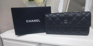 CHANEL Matelasse Long Flap Wallet Bi-fold Lamb Skin Black Authentic Used - Picture 1 of 10
