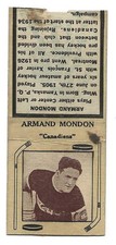 1935-36 Diamond Matchbook Armand MONDOU w/o striker