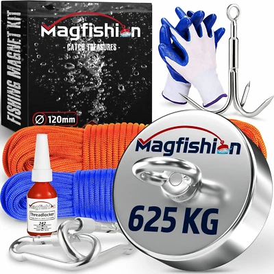 DTP Magnet Fishing Kit 625KG 1400LB Strong Neodymium Magnet, 2 Ropes, Hook, Gloves
