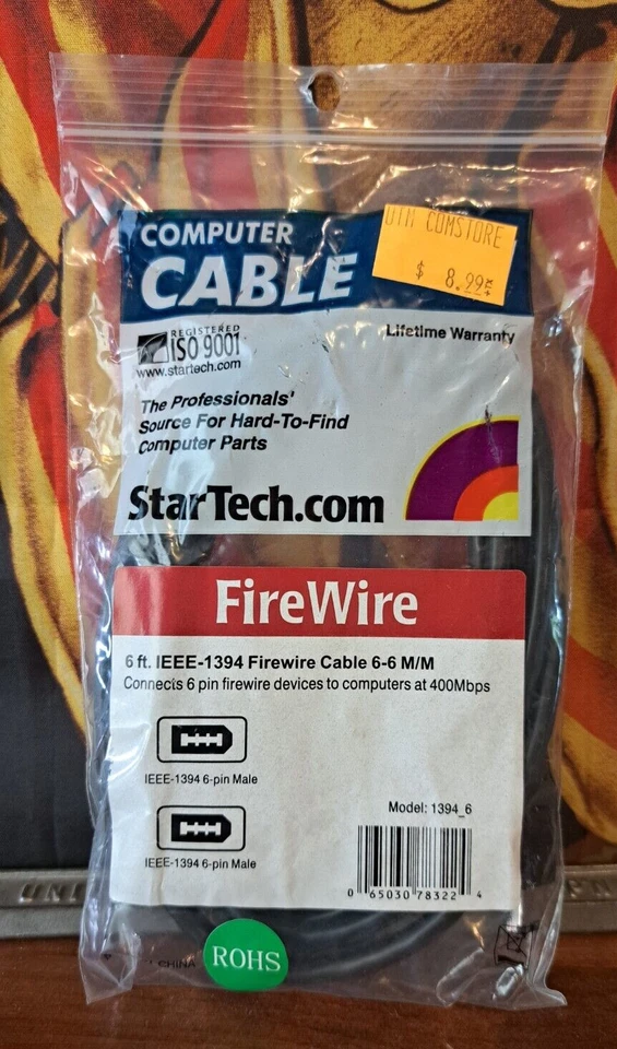 StarTech 6' Firewire Cable Black 6PIN 6PIN 6p 6ft FireWire 1394 6-Pin Male X2 - Image 1 of 4