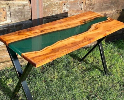 Epoxy Outdoor Table Top with Stand Customized Green River Home & Office Decor - Image 1 of 4