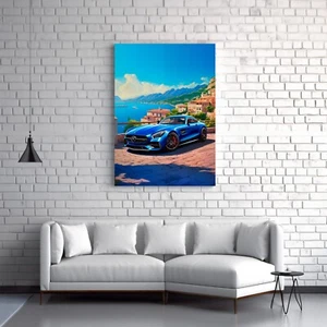 Blue Mercedes, Landscape, Sea, Car Wall Art, Super Car Canvas and Poster H57 - Picture 1 of 3