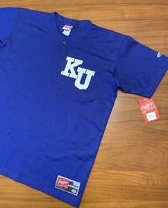Vintage Kansas Jayhawks Baseball Jersey Men’s XL Rawlings Blue Mesh NWT Henley - Picture 1 of 15