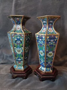 PAIR Vintage Japanese Cloisonné Vases Floral 6 Diff Panels Colorful Wood Stands - Picture 1 of 13