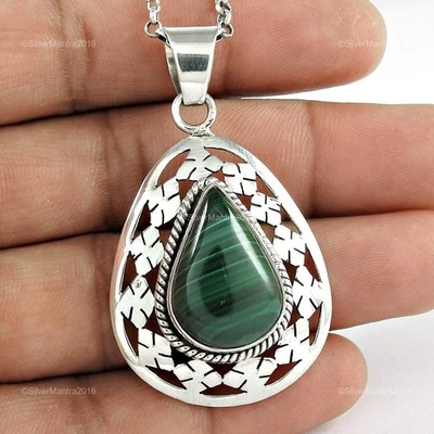 Cuore Chakra Pera Malachite Gemma Argento Sterling Massiccio Figlia Ciondolo - Immagine 1 di 4