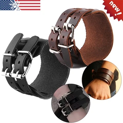 Genuine Leather Bracelet Punk Wide Wrist Belt Wrap Mens Cuff Wristband Bangle - Image 1 of 4