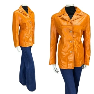 VTG 70S BRIGHT ORANGE MOD LEATHER MOD DAGGER NOTCH LAPEL JACKET 14 - Picture 1 of 10