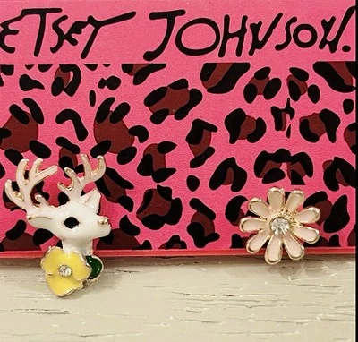 Betsey Johnson Pink Enamel Crystal Rhinestone Elk Deer Flower Earrings NWT - Image 1 of 4