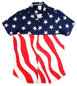 Free Planet Mens Camp Shirt S Reg Fit Short Sleeve Button Front Stars & Stripes - Picture 1 of 5
