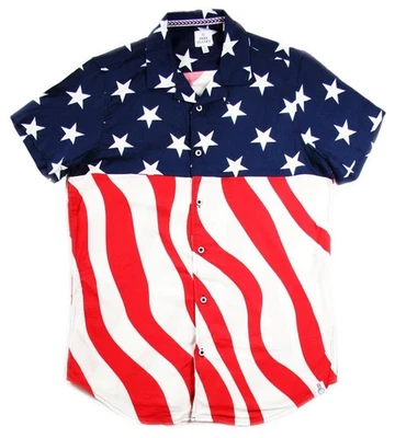 Free Planet Mens Camp Shirt S Reg Fit Short Sleeve Button Front Stars & Stripes - Image 1 of 4