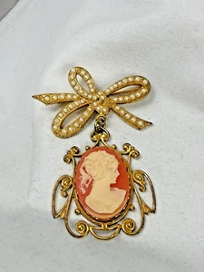 Pin  Brooch Miriam Haskell   Dangle Cameo Sim. Pearl Gold Tone Restore or Repair - Picture 1 of 8