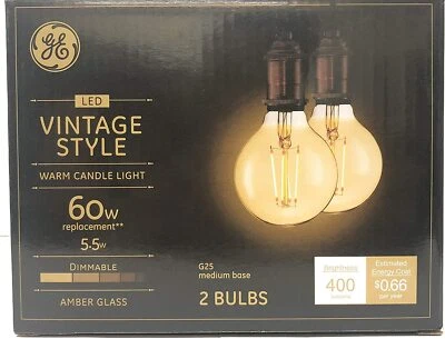 General Electric 2pk 60W VintaG25 Globe Filament Amber LED Light Bulbs - Image 1 of 4