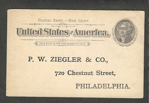 UX12  1c JEFFERSON UNUSED POSTAL CARD PRE-PRINT P W ZEIGLER & CO ,PHILA.,PA - Picture 1 of 2