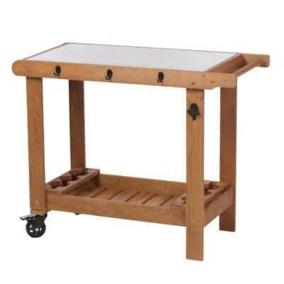 Outdoor Wooden Grill Cart with Wheels,Metal Top & Storage for Patio,Backyard,BBQ - Image 1 of 4