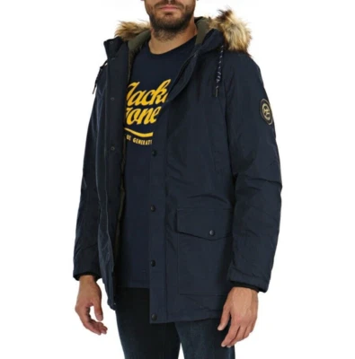 Jack & Jones MEDIUM M Mens Winter Bomber Jacket Hooded Coat Fur Navy Blue - Image 1 of 4