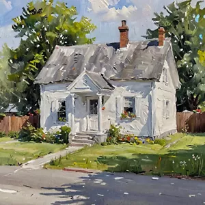 ACEO Kunstkarte weißes Landhaus mit kleiner Veranda im Frühsommer - Bild 1 von 1