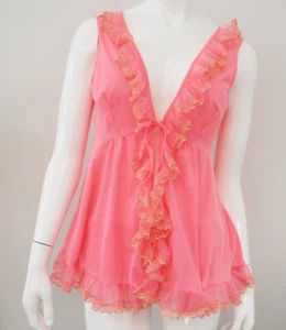 Set camicia da notte vintage MOVIE STAR nylon rosa trasparente babydoll lingerie MEDIA volant oro - Foto 1 di 23