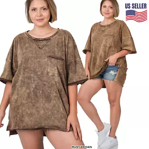ZENANA Acid Wash T-Shirt PLUS Size Women 100% Cotton Brown RAW EDGE W/ Pocket - Picture 1 of 5
