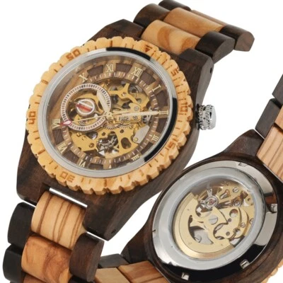Mens Wooden Wrist Watch Automatic Mechanical Watches Roman Number Wood Bracelet - Image 1 of 4