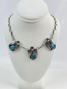 Sterling silver turquoise 3-station feather necklace unsigned 18.5" length - Picture 1 of 15