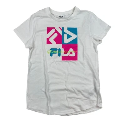 Camiseta gráfica logotipo azul rosa branca feminina FILA tamanho G 14-16 algodão poliéster - Imagem 1 de 4