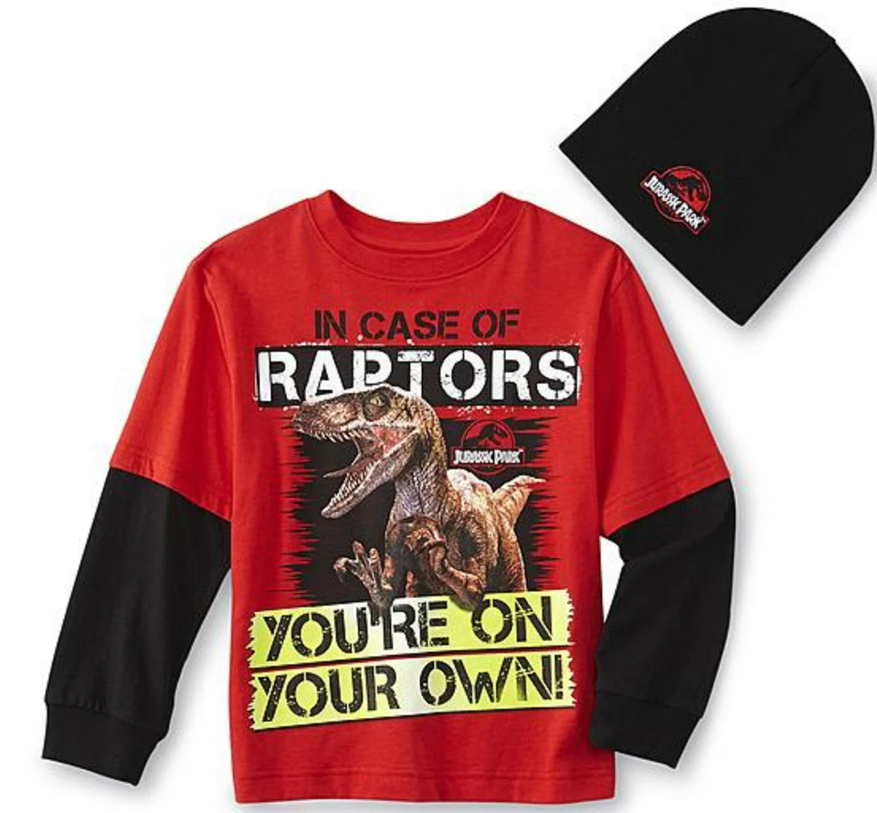Jurassic Park Long Sleeve T-Shirt 4 5 6-7 8 10-12 Childs Tee New with Beanie Hat - Image 1 of 1