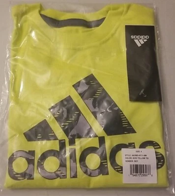 Adidas мальчиков желтый графический печать камуфляж логотип коротким рукавом футболка размер 4 экипажа - Изображение 1 из 2