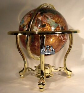 13" Tall Amber Pearl Gold Stand Gem Gemstone World Map Globe Globes Maps