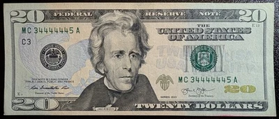 2013 $20 Better Serial #34444445 BEAUTIFUL AU+ Federal Reserve Note! - Image 1 of 2