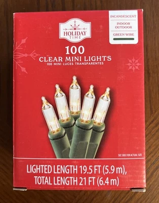“NEW” Holiday Time Clear 100 Mini Lights With Green Wire Lighted 19.5 Ft - Image 1 of 4