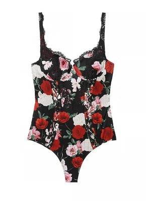 Body ahuecado muy sexy Atelier Victoria's Secret Noir satinado ribete de encaje M nuevo con etiquetas Foto 1 de 4