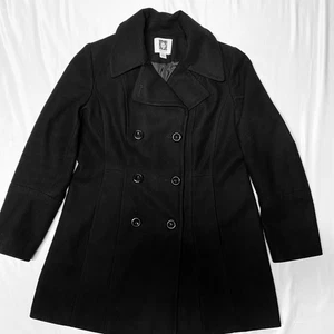 Abrigo Anne Klein Mujer Negro Mezcla Lana Doble Pecho Chaquetón Clásico Preppy L - Imagen 1 de 13