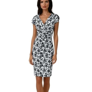 Ralph Lauren Flutter Sleeve V-Neck Sheath Dress Cream Black Floral Size 6 New - Picture 1 of 9