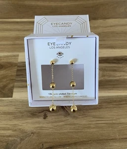 Eye Candy 18k plated titanium golden ball drop earrings jewelry New With Box - Picture 1 of 3