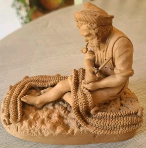 RARE GRASSO ITALY Terracotta Sculpture Figurine 1930s Vintage Signed Fisherman - Picture 1 of 10