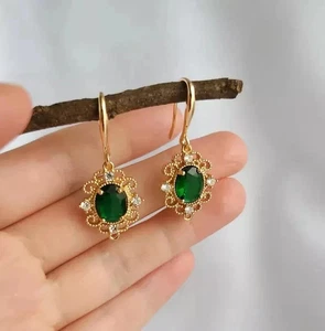 2 Ct Oval Cut Lab-Created Emerald 14K Yellow Gold Plated Vintage Dangle Earrings - Picture 1 of 7