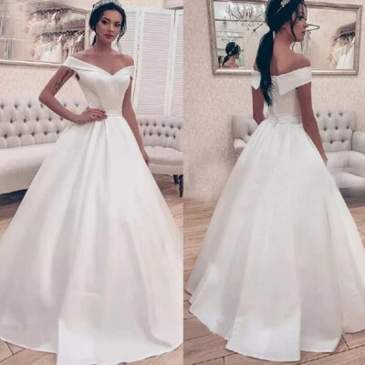 Off Shoulder Wedding Dresses A Line Simple Satin Lace Up Bridal Gown White Ivory - Image 1 of 4