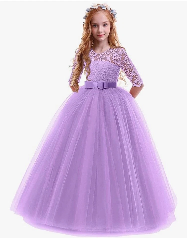 Ibtom Castle Purple Lace Top Tulle Bottom Girls Flower Girl Pageant Party Dress - Image 1 of 1