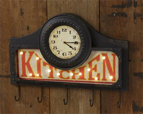 Kitchen Led Wall Clock with Hooks in Distressed Metal - 27 inch Cover