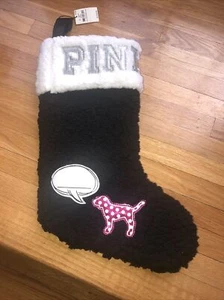 NWT Victoria's Secret PINK Black Sherpa Stocking Glitter Christmas Stocking Dog - Picture 1 of 4