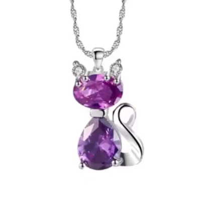 Solid Sterling Silver Purple Amethyst Kitty Cubic Z Good Luck Pendant Necklace - Image 1 of 4