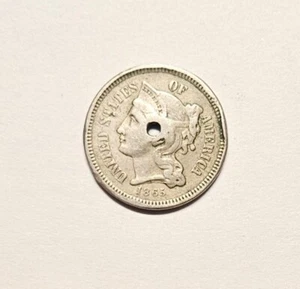 1865 3c Nickel Three Cent Piece - Holed - Picture 1 of 2
