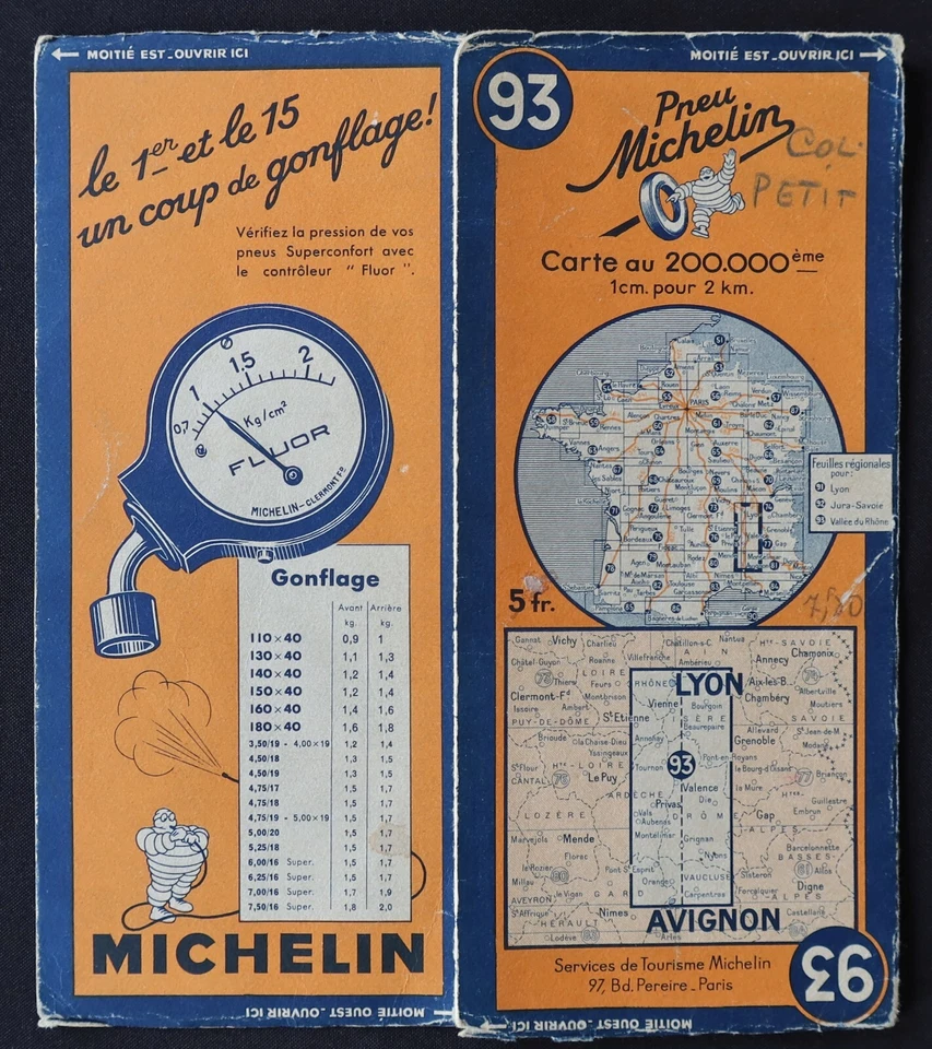 Tarjeta MICHELIN 93 LYON AVIGNON 1937 Guía Bibendum neumáticos mapa - Imagen 1 de 1