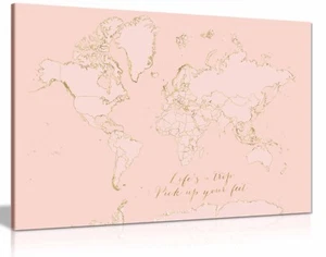 Inspirador mapa del mundo rosa y dorado impresión de imagen, arte de pared enmarcado - Imagen 1 de 10