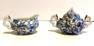 Lefton China Mini Blue Set Creamer & Sugar Bowl w Lid Paisley and Gold Trim VTG - Image 1 of 4