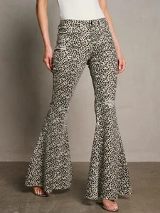 Leopard Print Distressed Denim Bell Bottom Jeans Size Large Wide Leg Raw Hem - Picture 1 of 2
