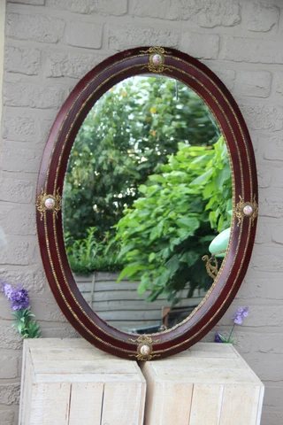 Gorgeous french 1960 Burgundy red wood porcelain medaillon mirror oval Cover