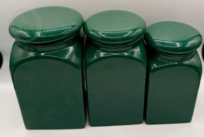 Set Of 3 Vintage GHC Forest Green Ceramic Graduated Canisters With Lids Mexico - Image 1 of 4