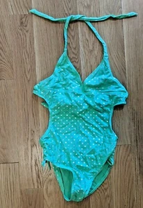 NWT Sz XL 12 Gap Kids Girls Lime Mint Green Swimsuit One-Piece Silver Polka Dot - Picture 1 of 3